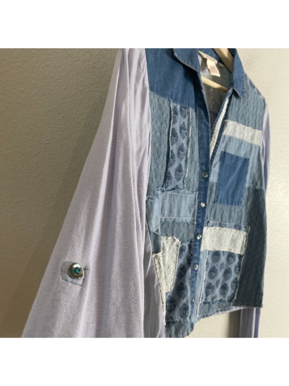 SUNDANCE Womens Medium Patchwork Denim Button Up Shirt Roll‎ Tab Sleeve Top - Picture 8 of 10